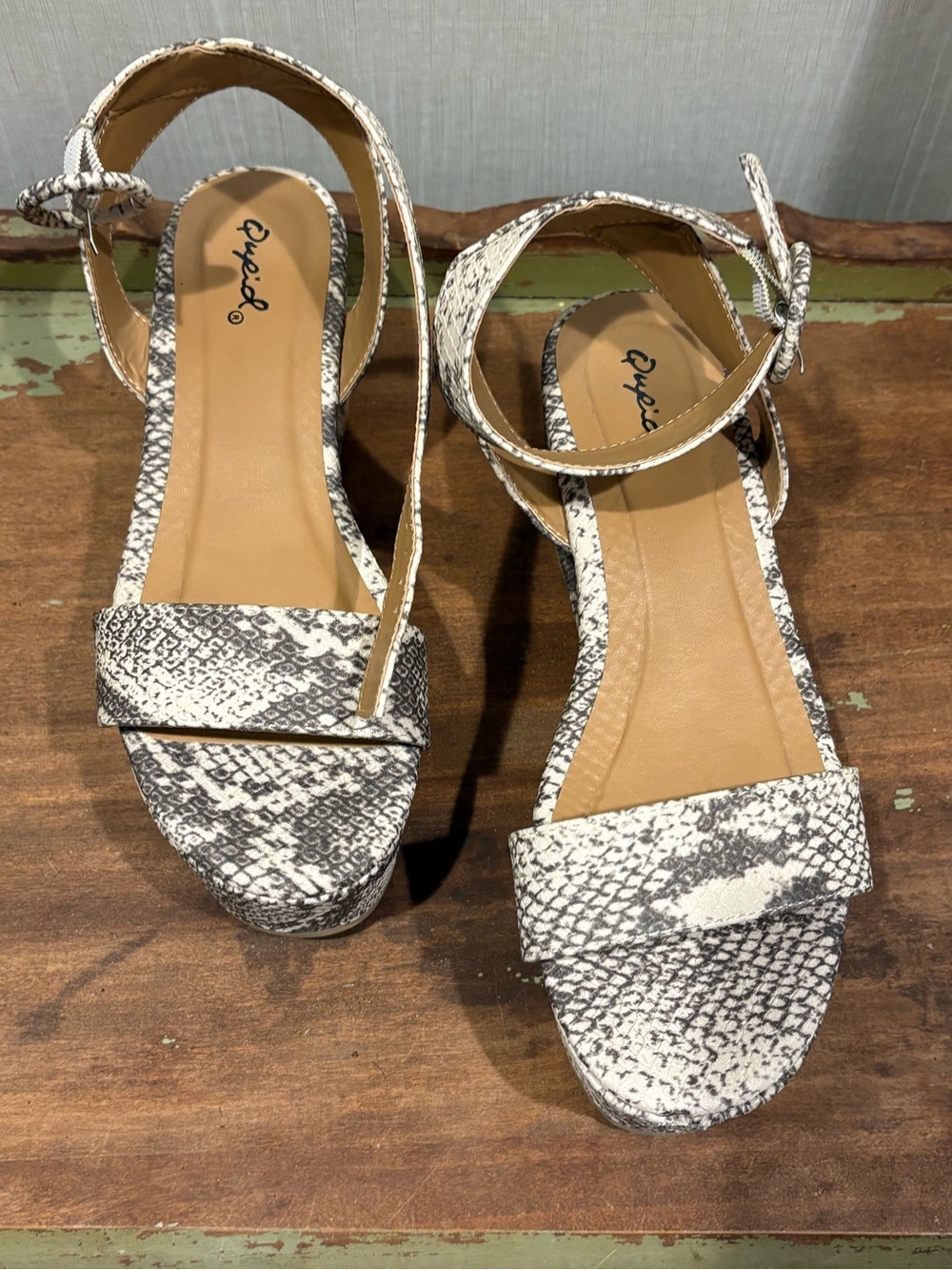 Qupid White and Gray Snake-Print Ankle Strap Sandals